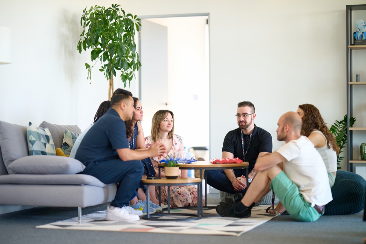 Team conversation in the lounge