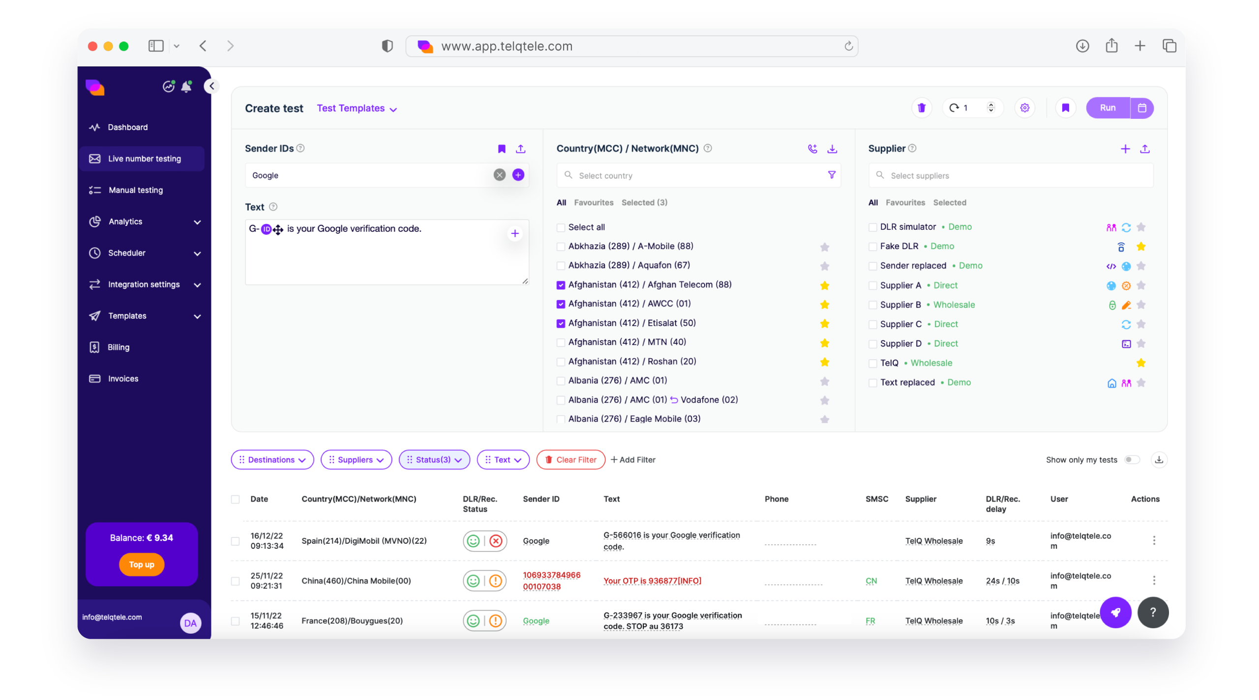 TelQ SMS testing platform showing delivery test results with Sender ID, SMSC, and content verification data