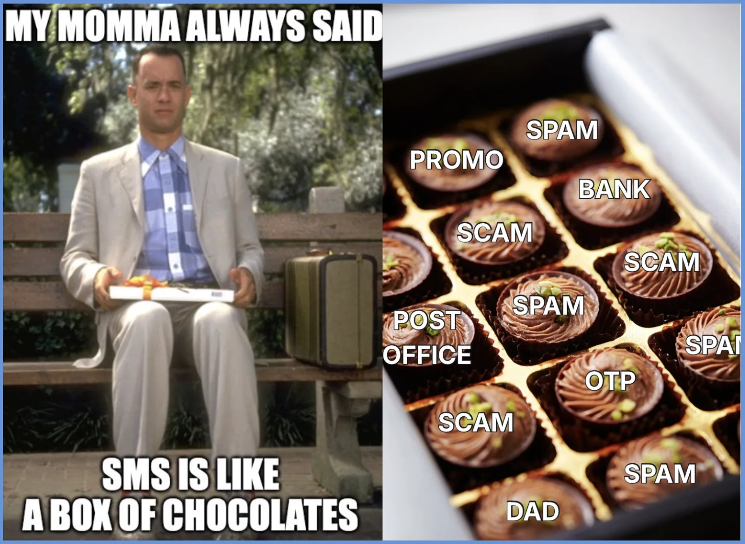A meme from the Forrest Gump movie with the box of chocolates