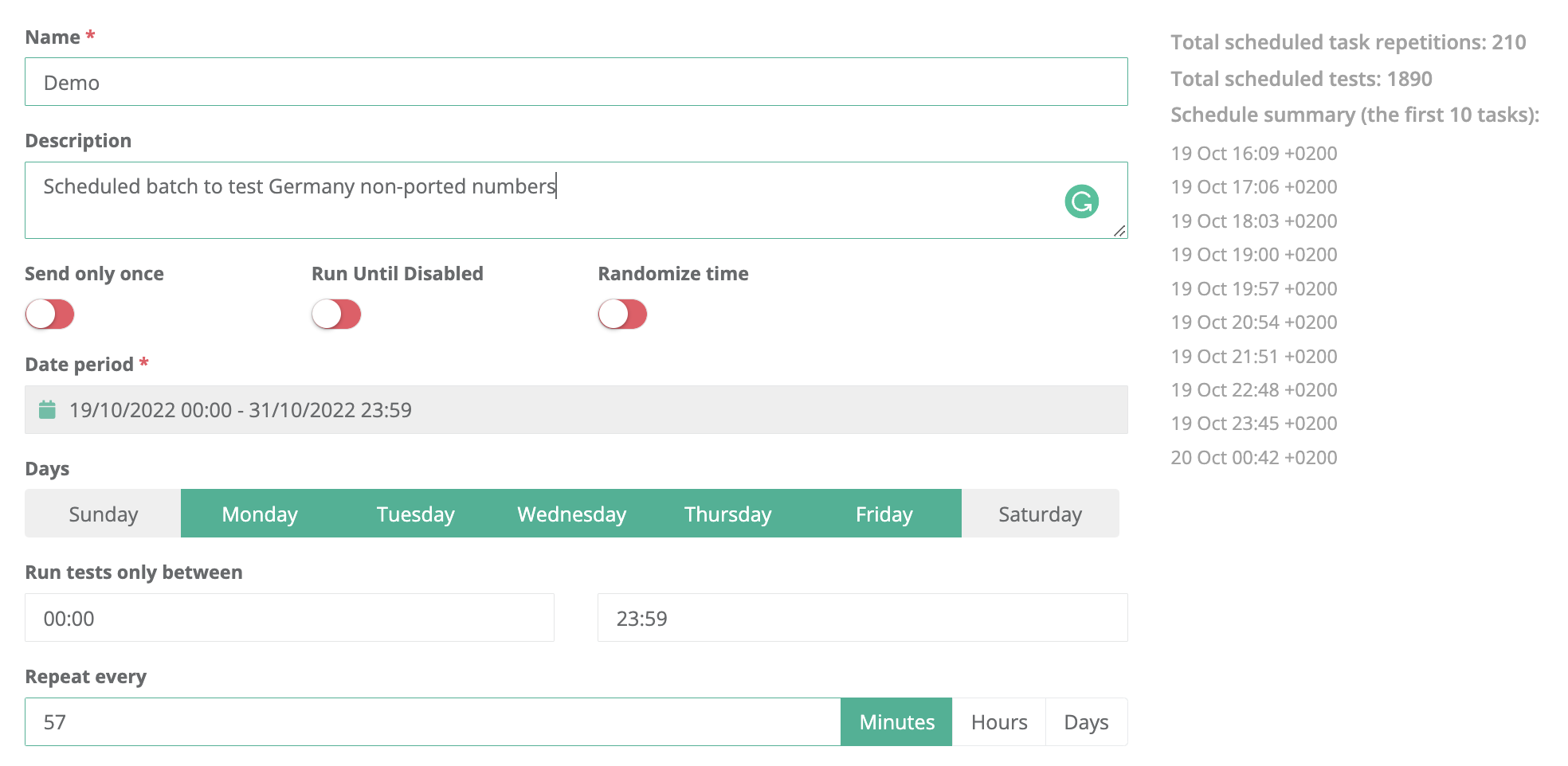 Sample of SMS test scheduling interface in testing tool TelQ