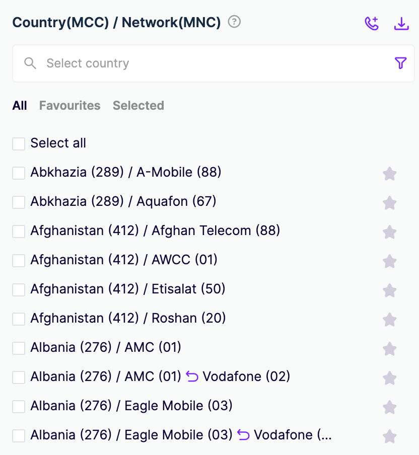 Screenshot of country and network selection for the SMS test in TelQ tool