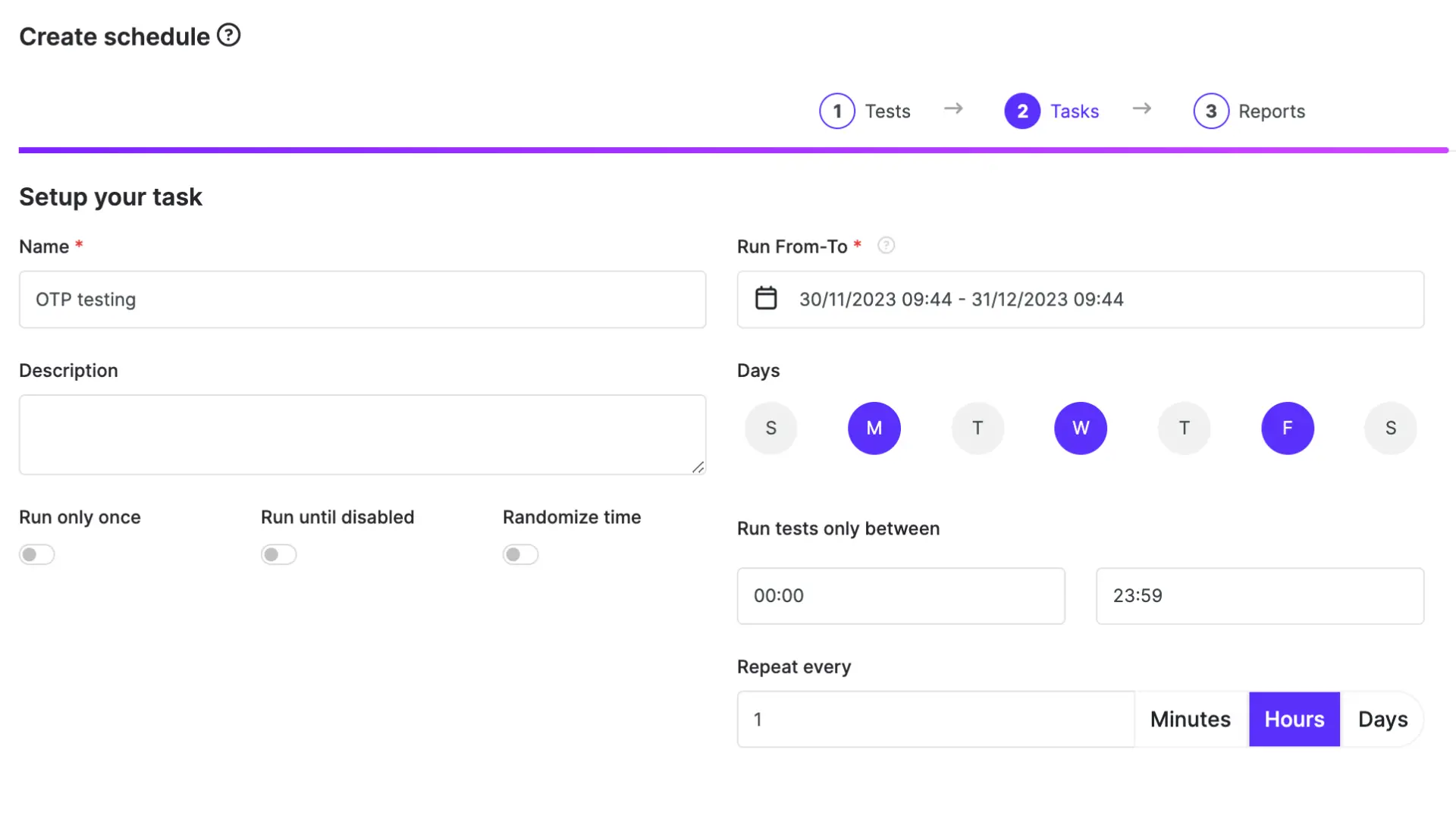 Interface of test scheduling feature in TelQ