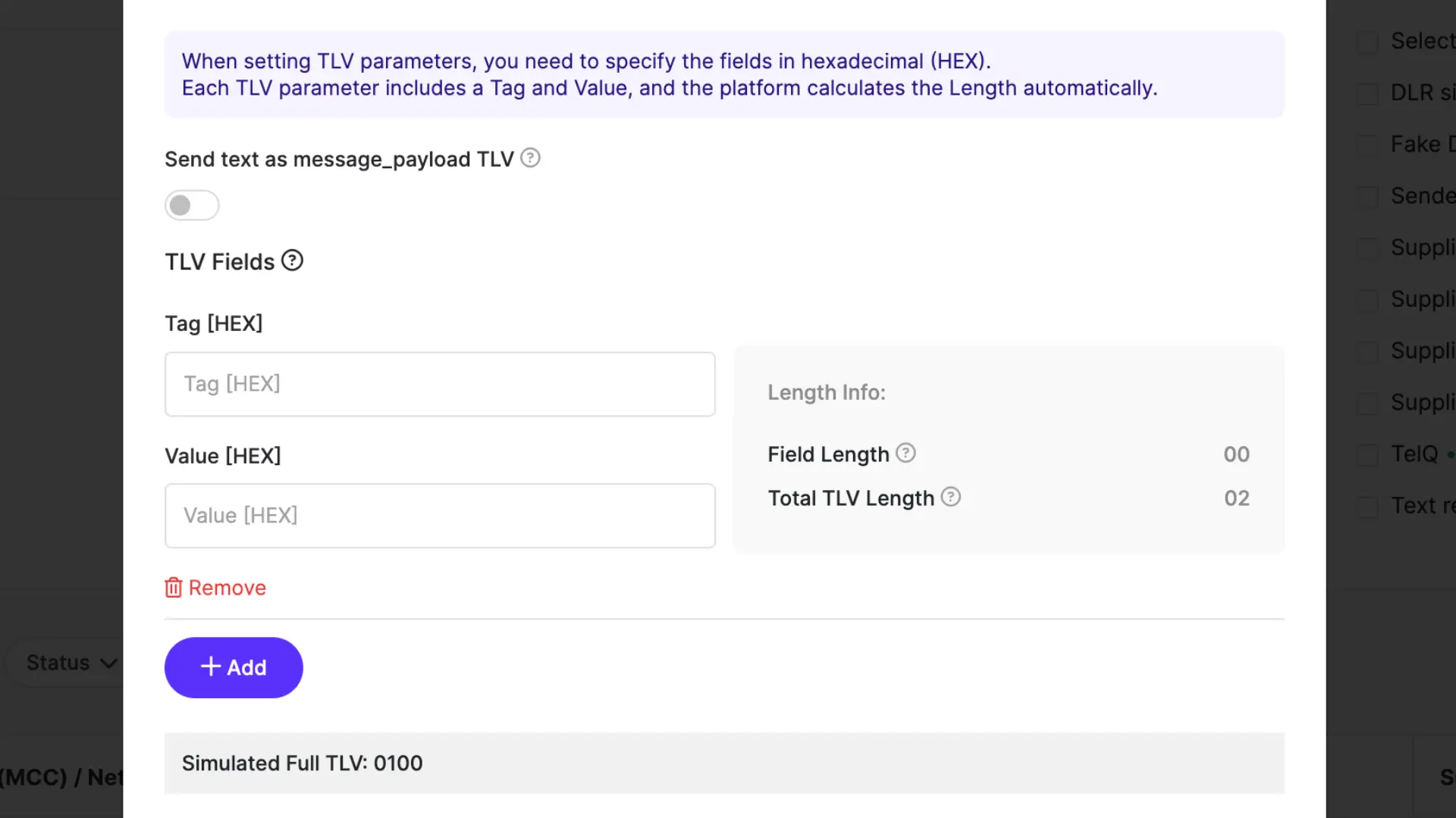 TLV settings for test messages in TelQ platform
