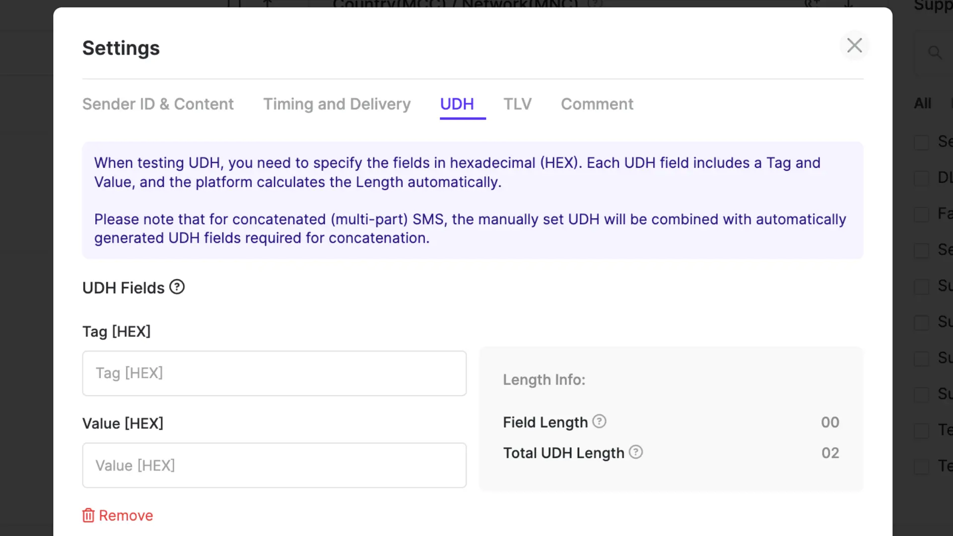 UDH settings in TelQ tool