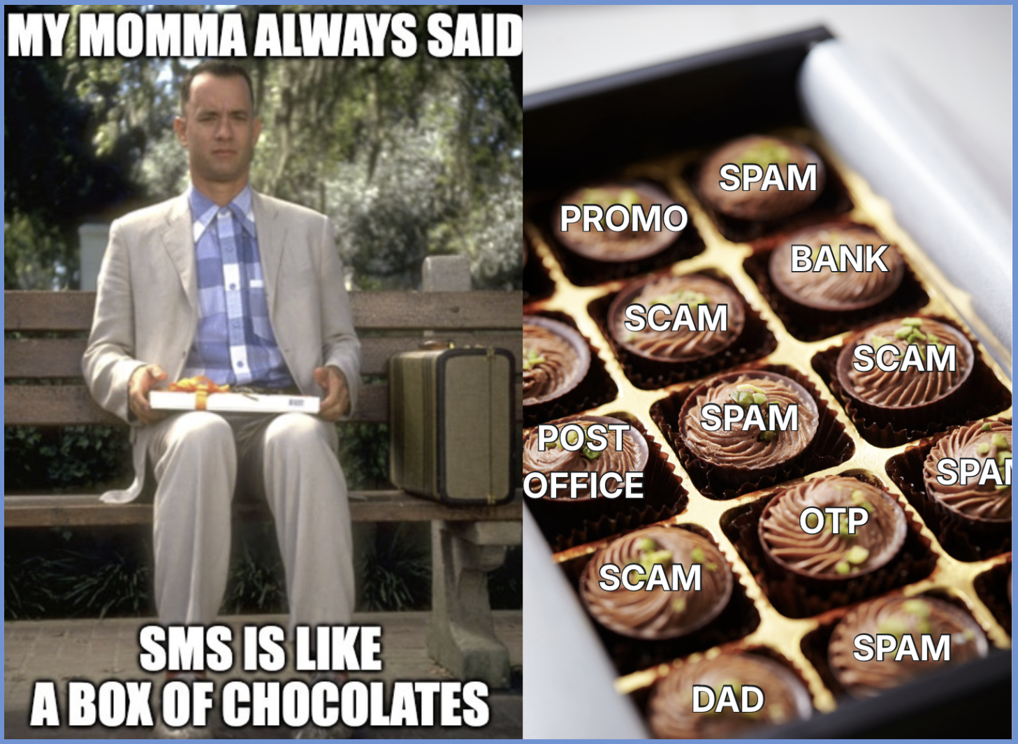 A meme from the Forrest Gump movie with the box of chocolate