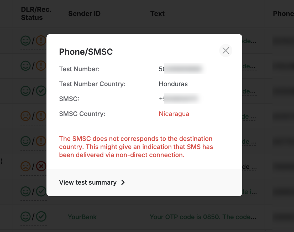 TelQ Phone/SMSC popup showing SMSC country mismatch: test number in Honduras, SMSC origin in Nicaragua, with red warning that the SMSC does not correspond to the destination country